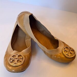 Tory Burch Reva Ballet Flats Patent Leather Tan Logo Size 7